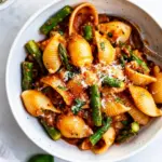 Baby Pasta Shells with Asparagus and Marinara Sauce