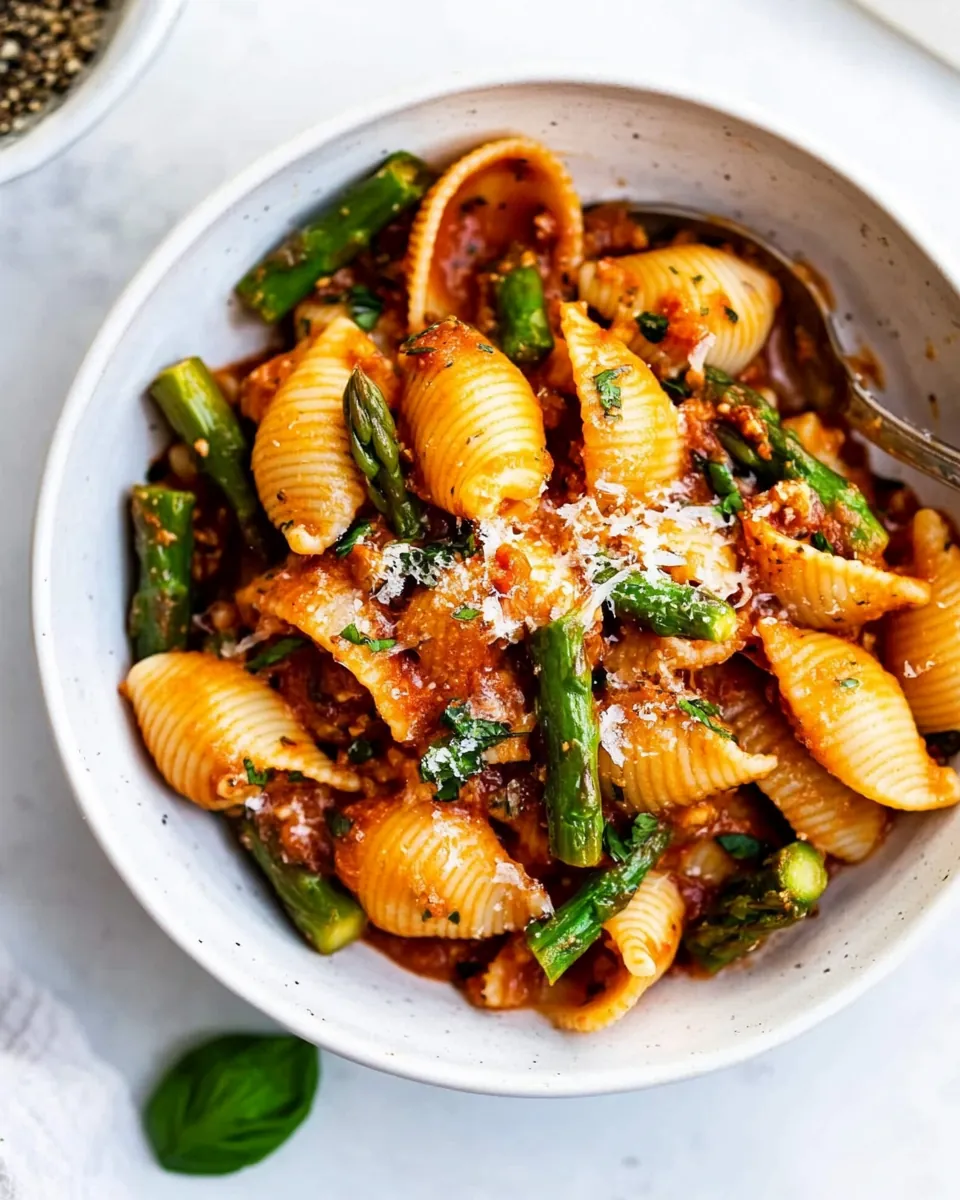Baby Pasta Shells with Asparagus and Marinara Sauce