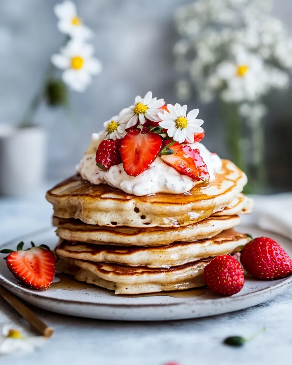 Buttermilk Pancakes with Chamomile Cream and Gingered Strawberries