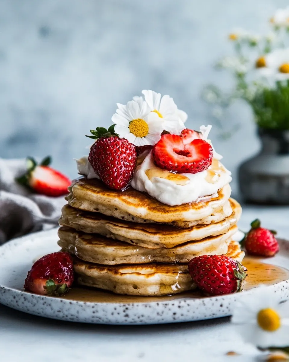 Buttermilk Pancakes with Chamomile Cream and Gingered Strawberries