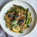 Charred Asparagus Cream Pasta with Blackened Lemon Chicken