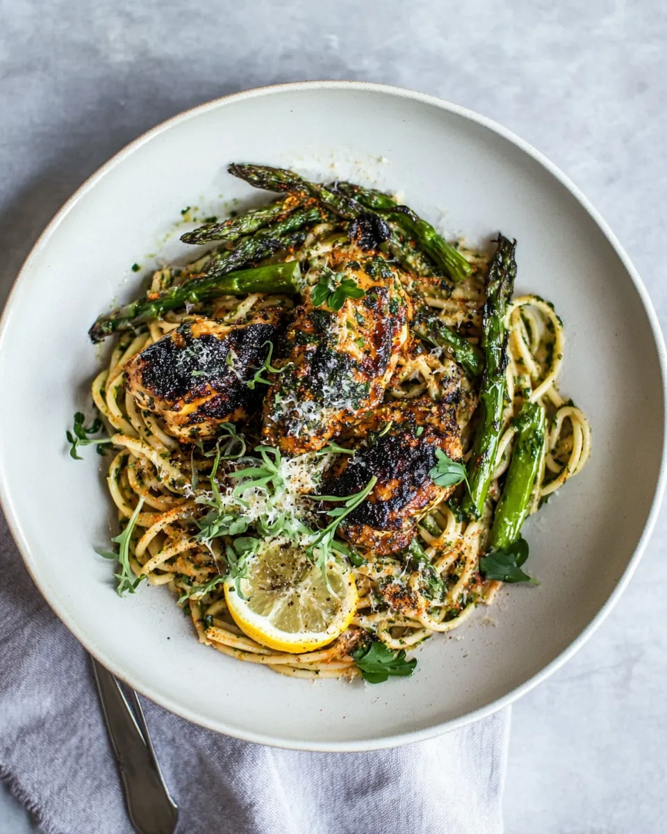 Charred Asparagus Cream Pasta with Blackened Lemon Chicken