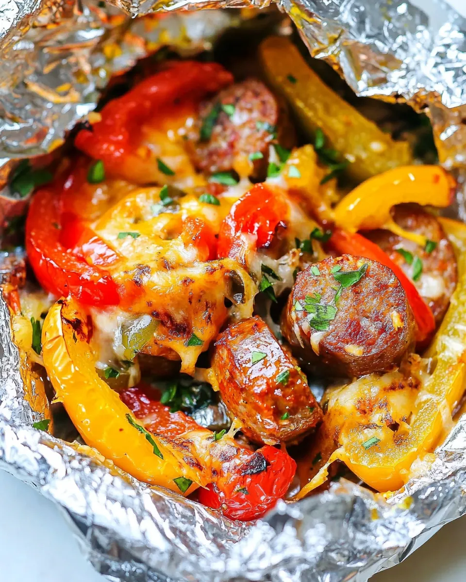 Foil Packet Cheesy Sausage and Peppers