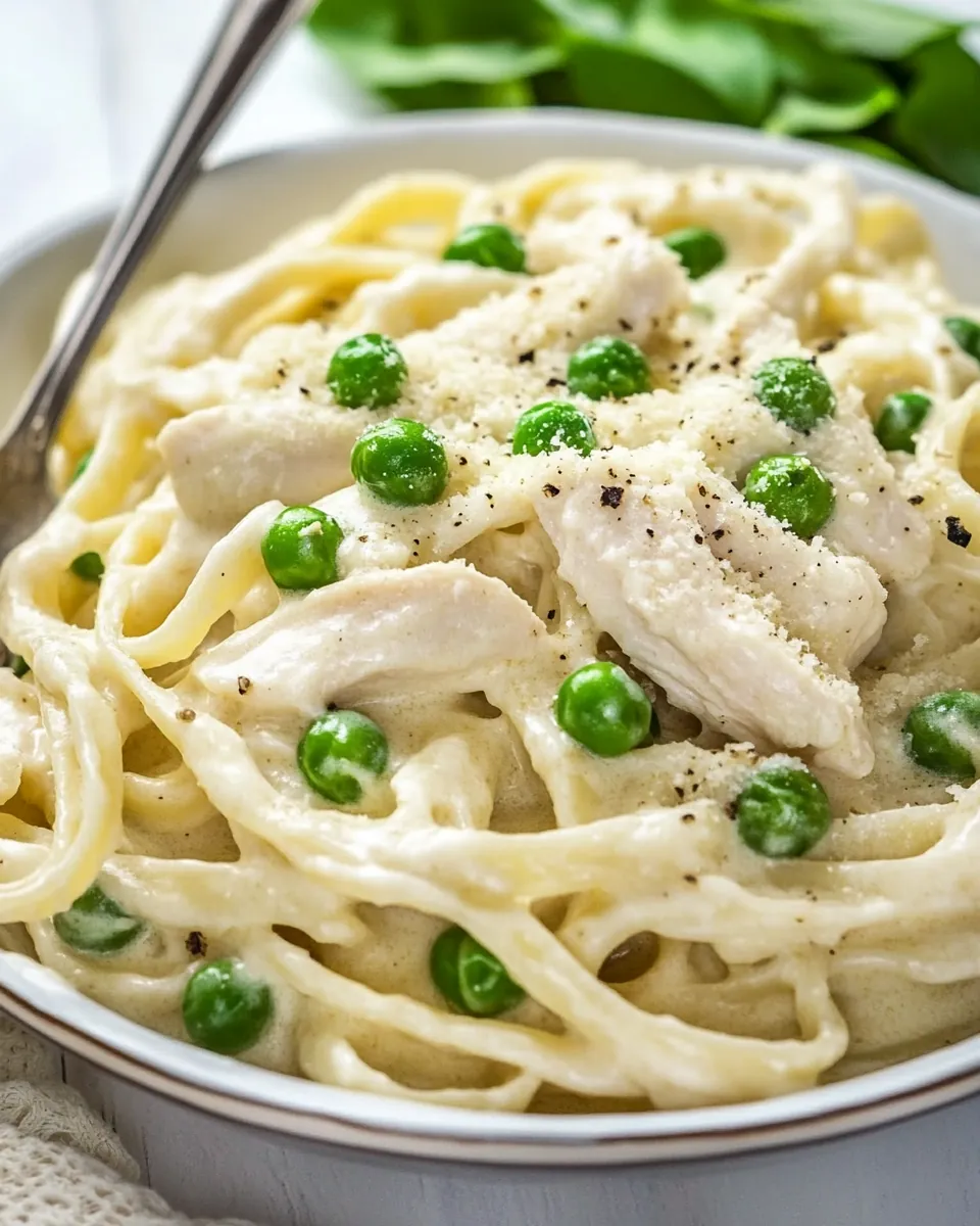 One Pot Chicken and Peas Fettuccine Alfredo