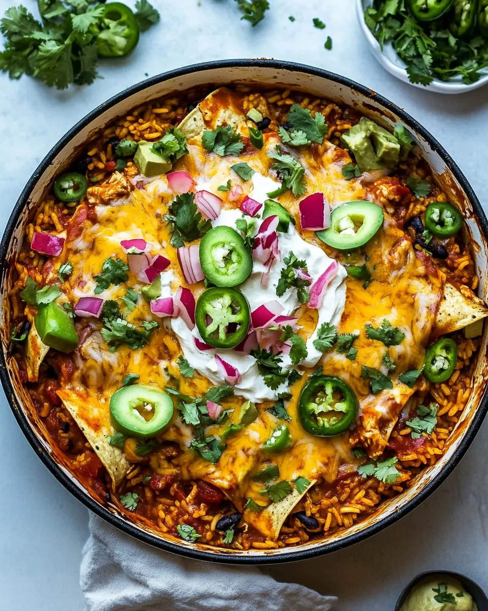 One Skillet Saucy Chicken Tortilla Enchilada Rice Bake
