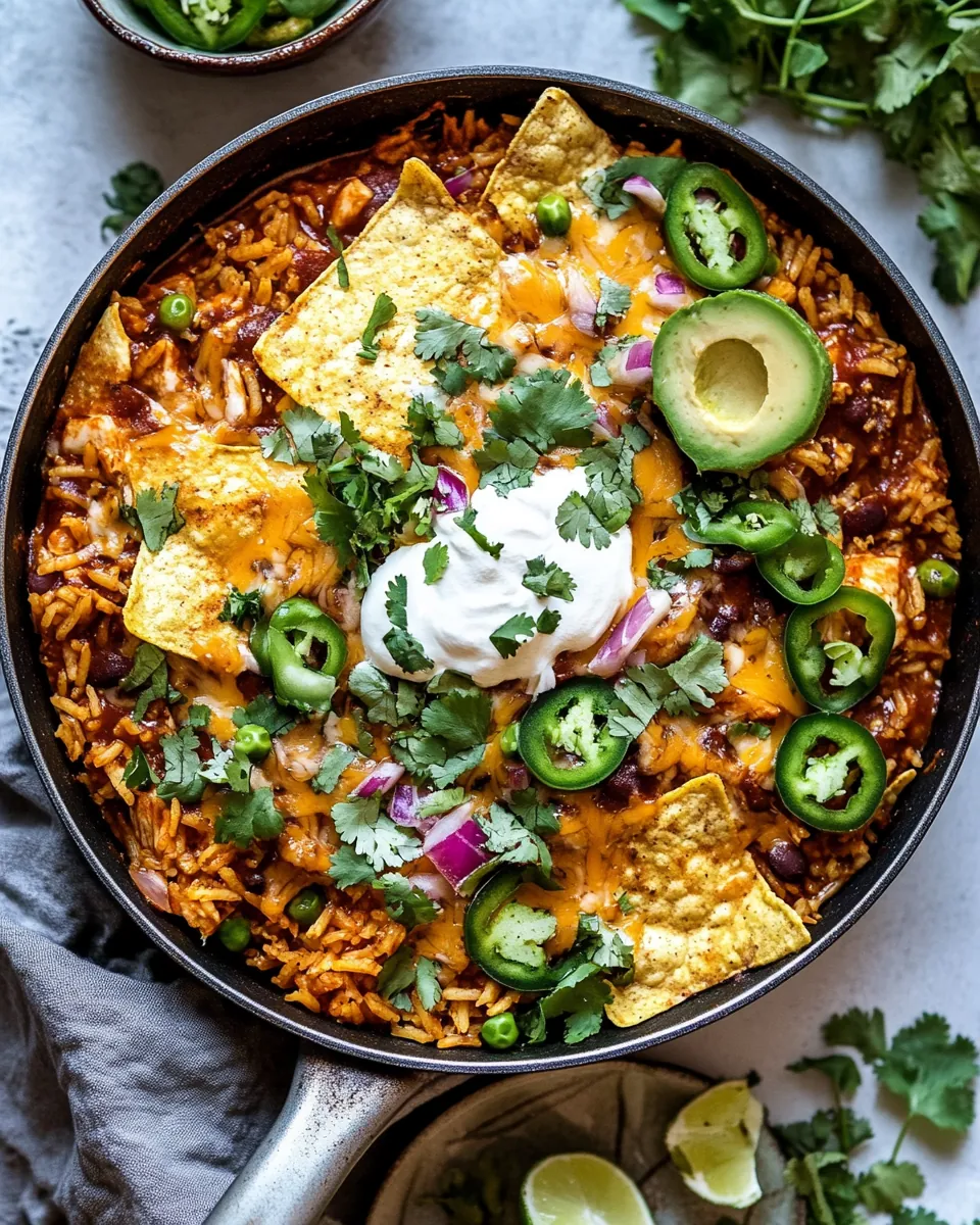 One Skillet Saucy Chicken Tortilla Enchilada Rice Bake