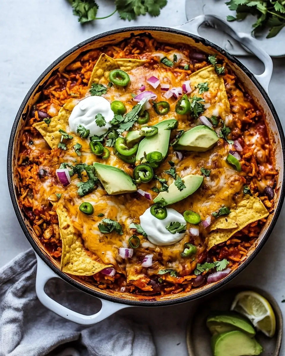 One Skillet Saucy Chicken Tortilla Enchilada Rice Bake
