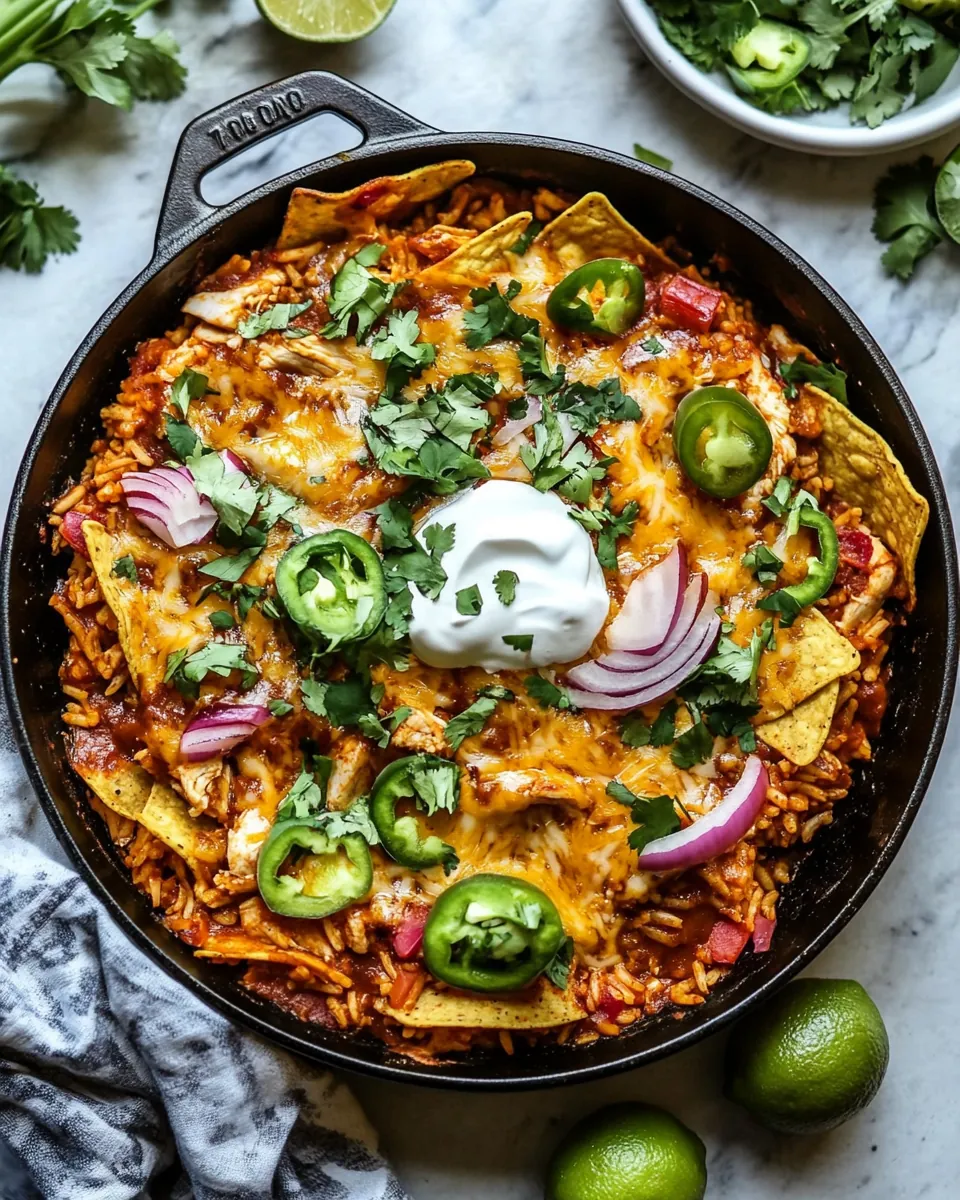 One Skillet Saucy Chicken Tortilla Enchilada Rice Bake