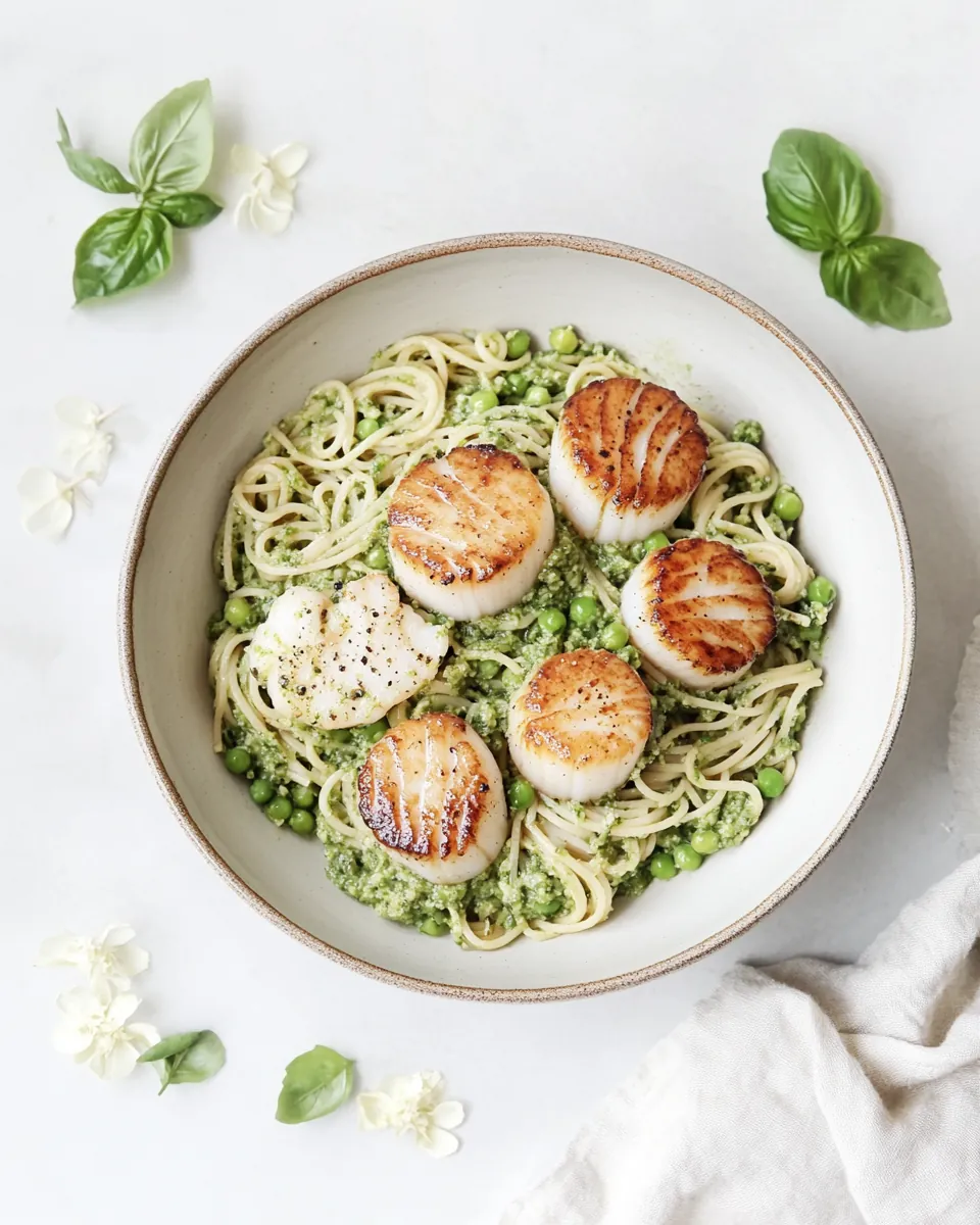 Pea Pesto Pasta with Brown Butter Scallops