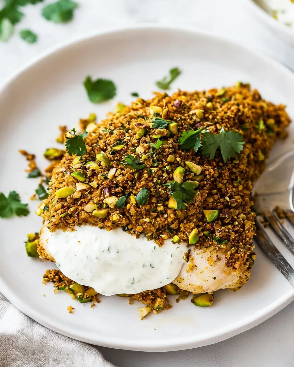 Pistachio Crusted Chicken With Coriander Yogurt Sauce