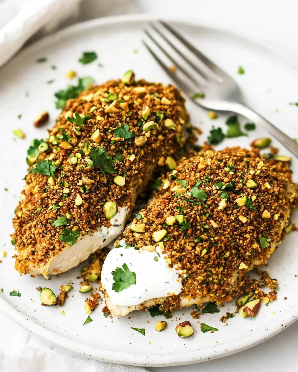Pistachio Crusted Chicken With Coriander Yogurt Sauce