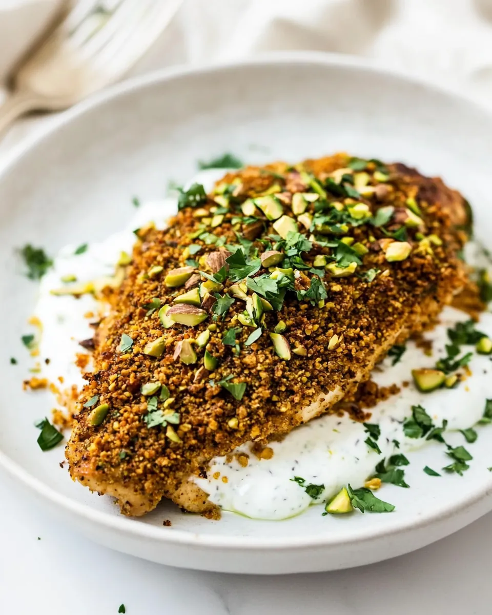 Pistachio Crusted Chicken With Coriander Yogurt Sauce