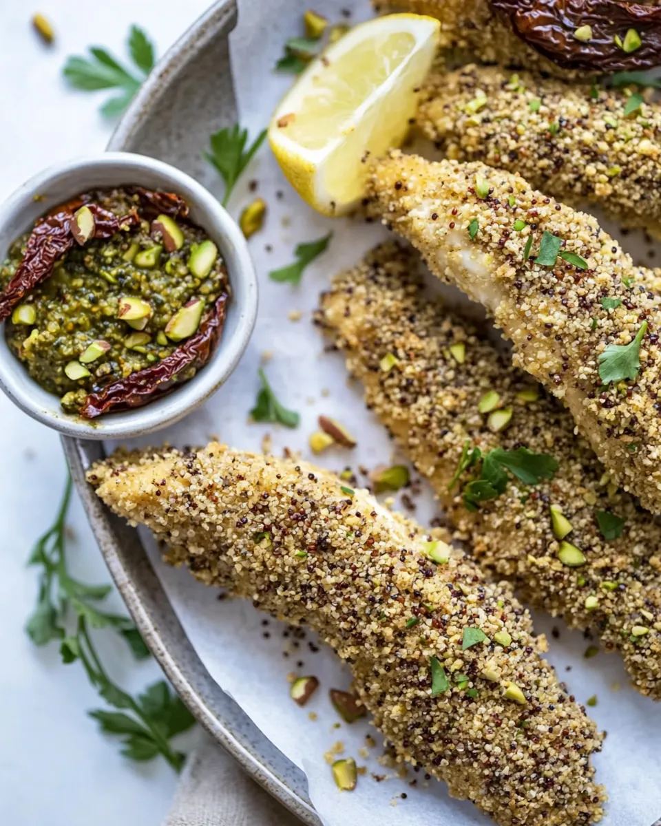 Pistachio Quinoa Dukkah Crusted Chicken Fingers