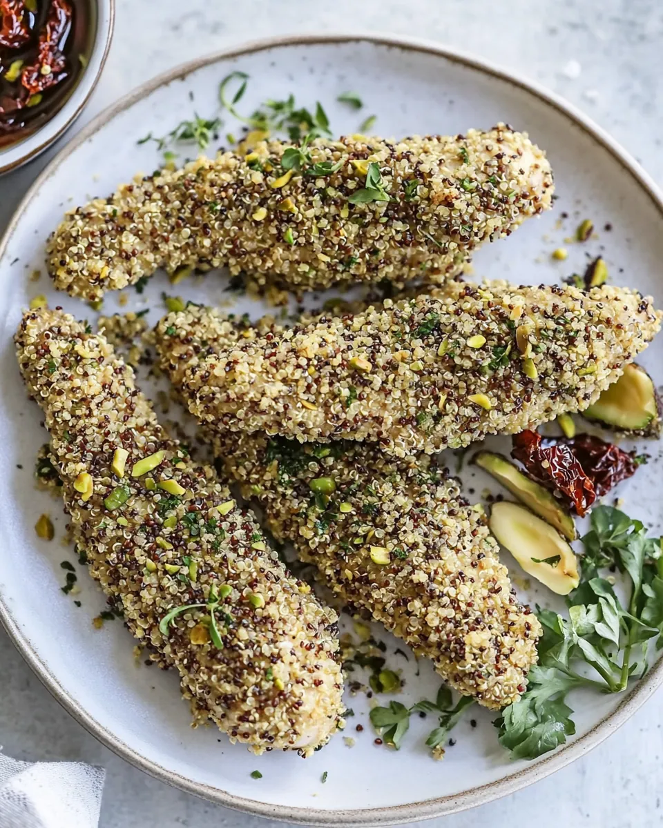 Pistachio Quinoa Dukkah Crusted Chicken Fingers