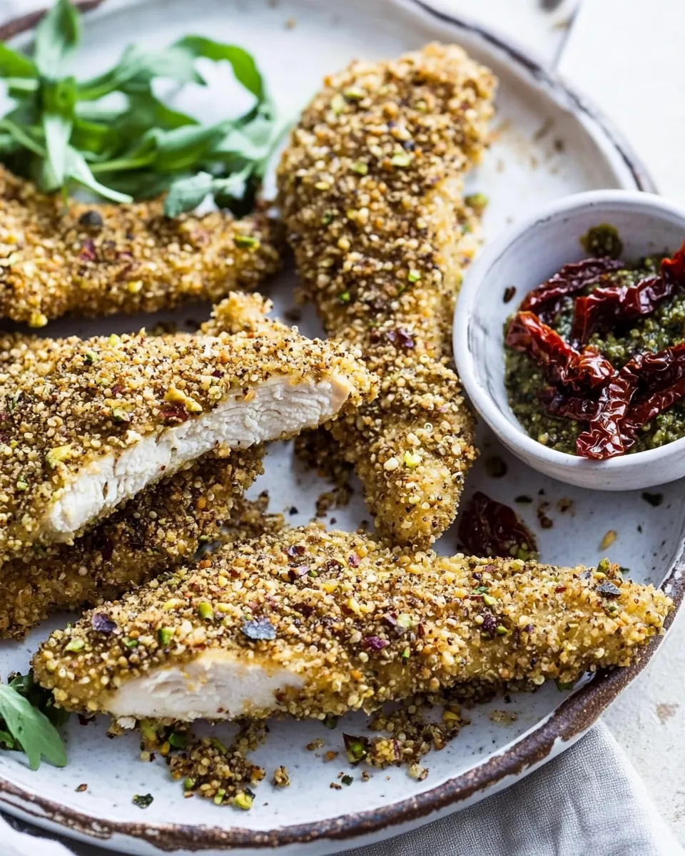 Pistachio Quinoa Dukkah Crusted Chicken Fingers