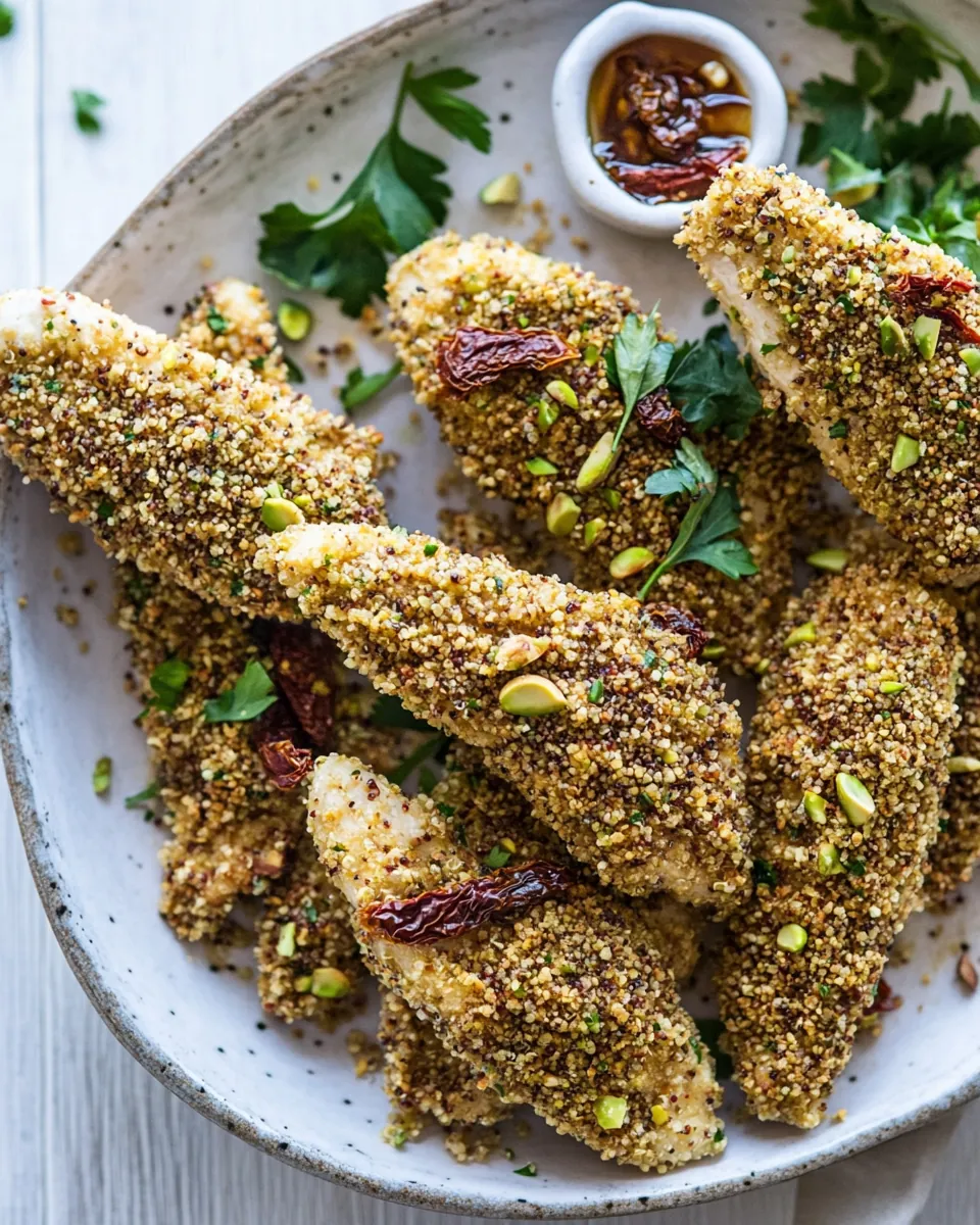 Pistachio Quinoa Dukkah Crusted Chicken Fingers