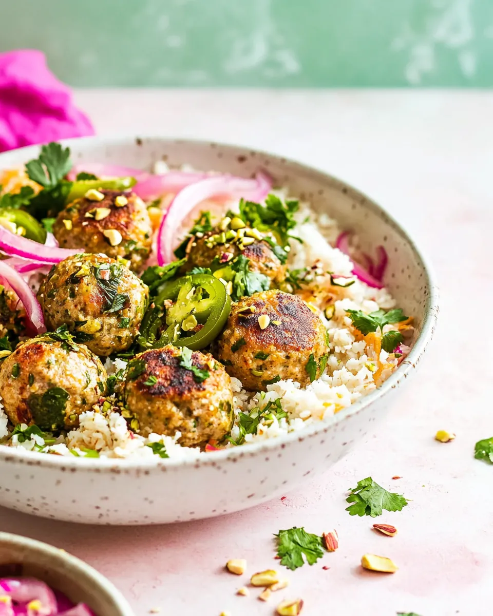 Sheet Pan Jalapeño Pistachio Chicken Meatball Bowls