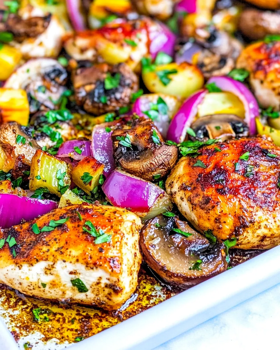 Skinny Sheet Pan Chicken with Mushrooms and Onions