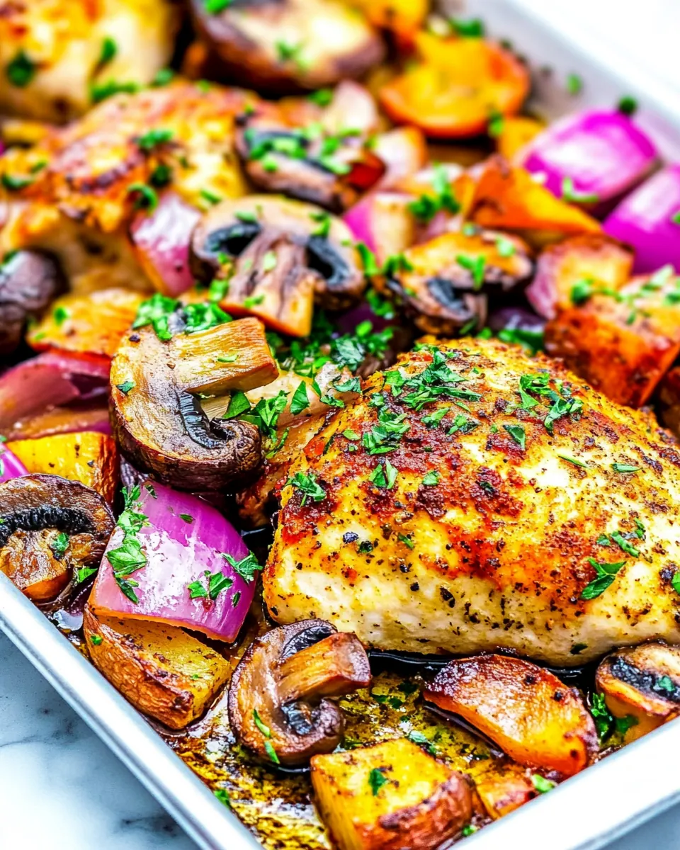 Skinny Sheet Pan Chicken with Mushrooms and Onions