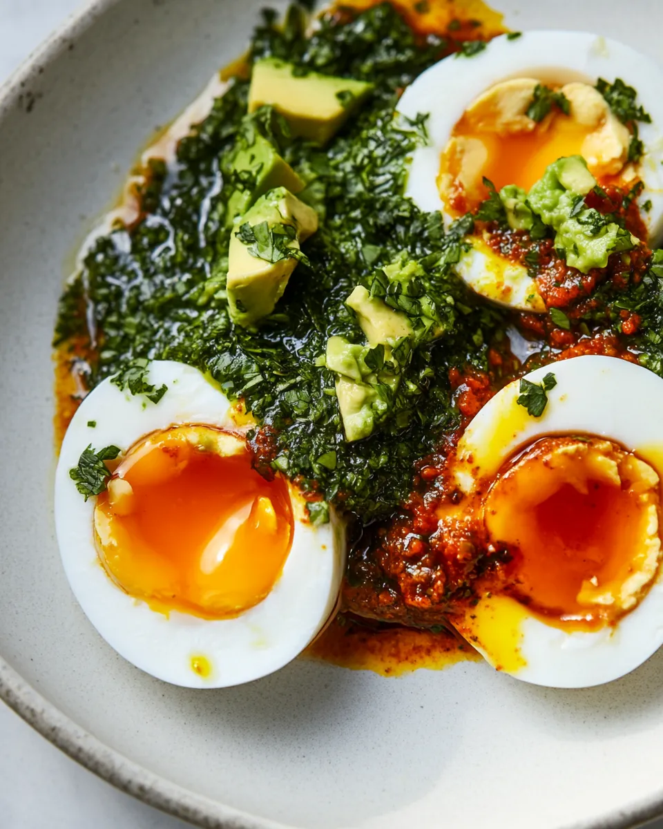 Turkish Eggs with Harissa Butter and Avocado Relish